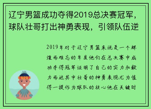 辽宁男篮成功夺得2019总决赛冠军，球队壮哥打出神勇表现，引领队伍逆转胜！